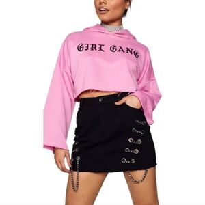 Boohoo‎ Chain Detail Raw Hem Black Denim 5 Pocket Mini Skirt Size 8